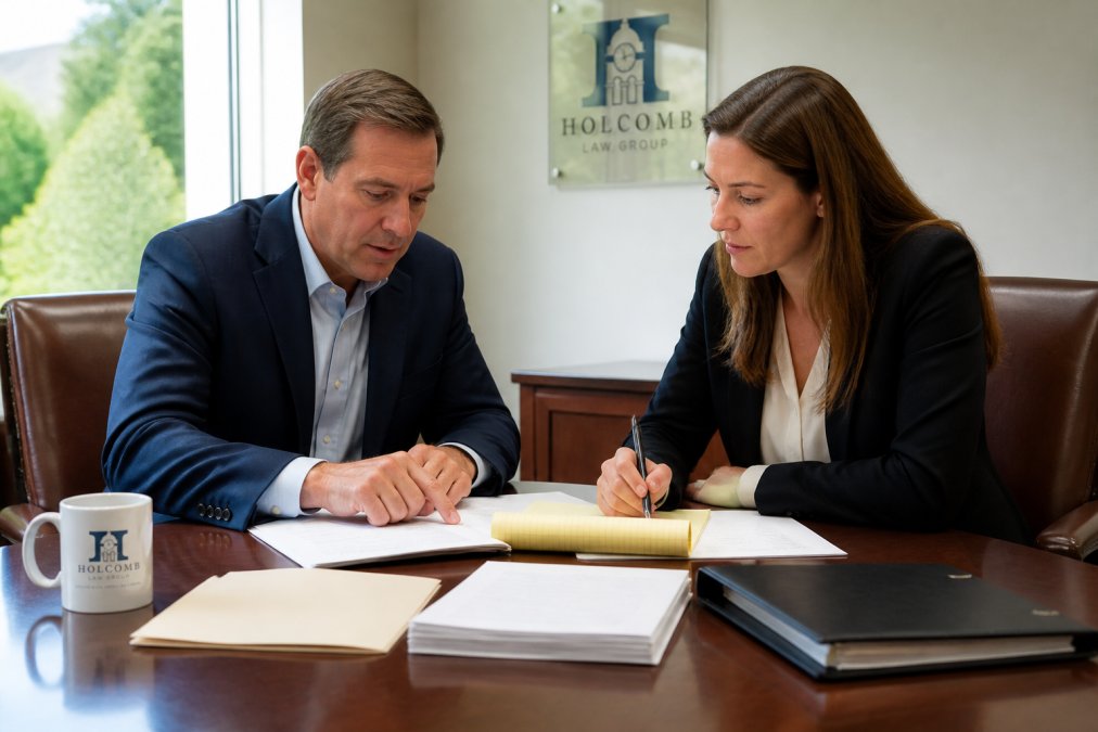 Infographic checklist for business dispute mediation showing an attorney and owner reviewing case documents.