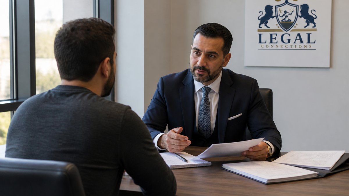 Professional attorney meeting with client at desk reviewing documents in modern office setting, both seated with papers and notepad visible, natural lighting conveying trust and direct communication