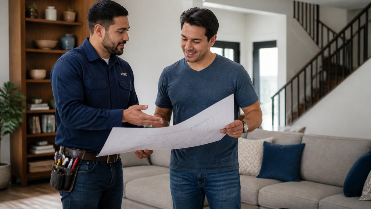 Professional electrician in uniform holding blueprints and discussing renovation plans with homeowner in living room, showing trust and professional consultation