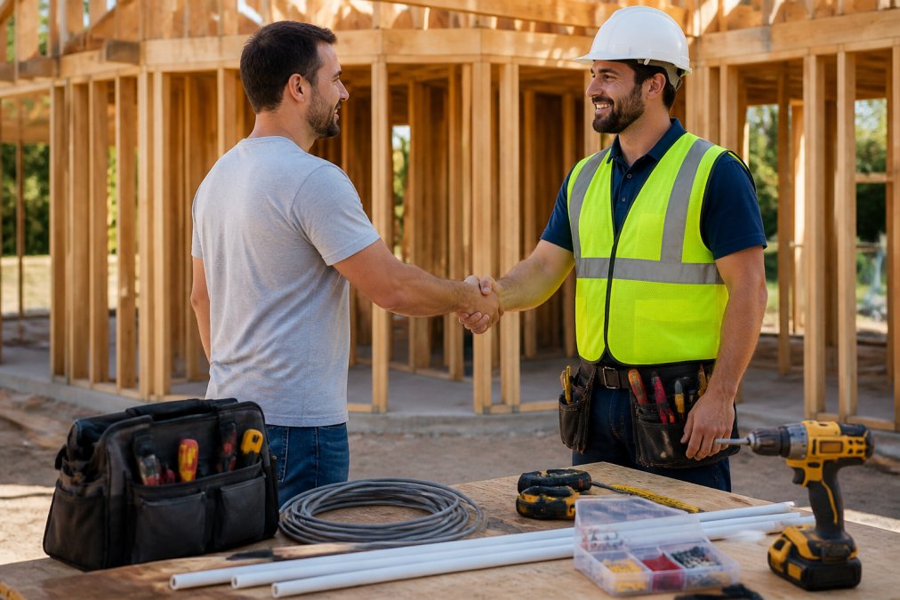 A homeowner shaking hands with a professional electrician wearing a hard hat and safety vest on a residential construction site with wooden framing in the background