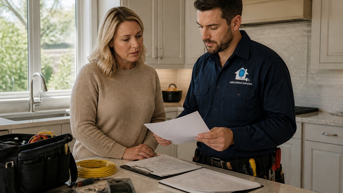 Licensed electrician reviewing insurance documents with a homeowner while hiring electrician property transaction