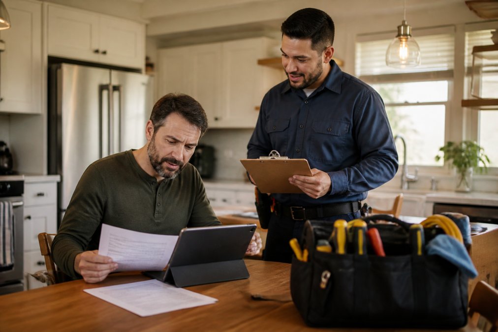 A homeowner reviewing paperwork and a tablet at a kitchen table while a licensed electrician in a uniform stands nearby holding a clipboard, both engaged in a professional conversation, warm kitchen lighting