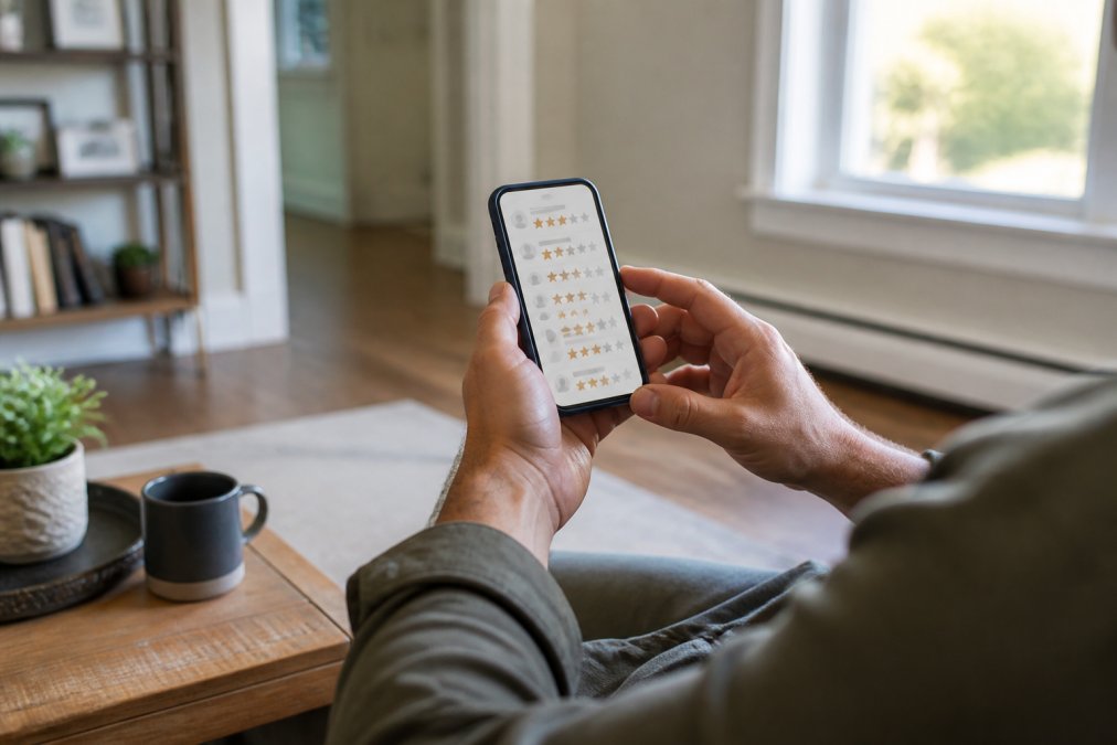 Close-up of a homeowner's hands holding a smartphone displaying a contractor review app with star ratings clearly visible on the screen, natural daylight from a nearby window