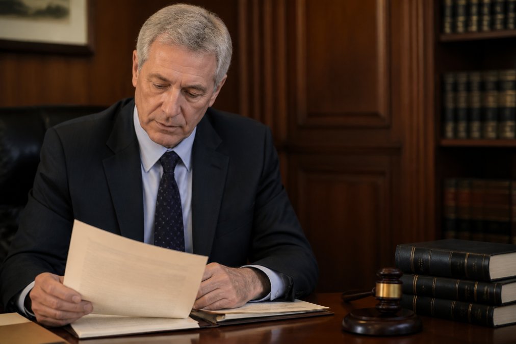 A confident attorney in a dark suit reviewing legal documents in a wood-paneled office, with a gavel and law books visible on the desk behind him