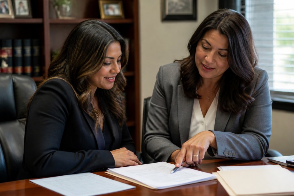 Immigration attorney and client meeting in professional office setting, reviewing documents together at desk, client appearing confident and engaged with attorney explaining details