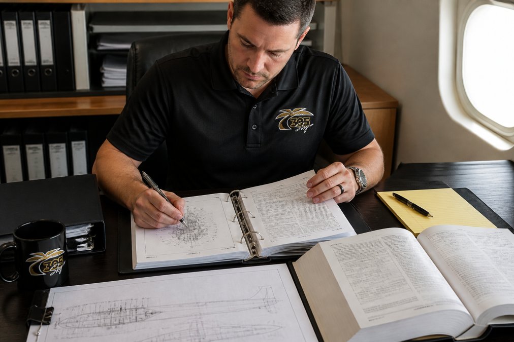 Professional aviation consultant reviewing detailed aircraft maintenance documentation and technical schematics at a workstation with multiple reference materials visible
