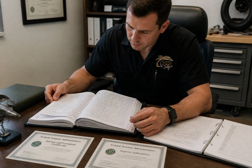 A&P mechanic with certification credentials displayed, carefully examining aircraft maintenance logbook and technical documentation at a desk with FAA certification papers visible