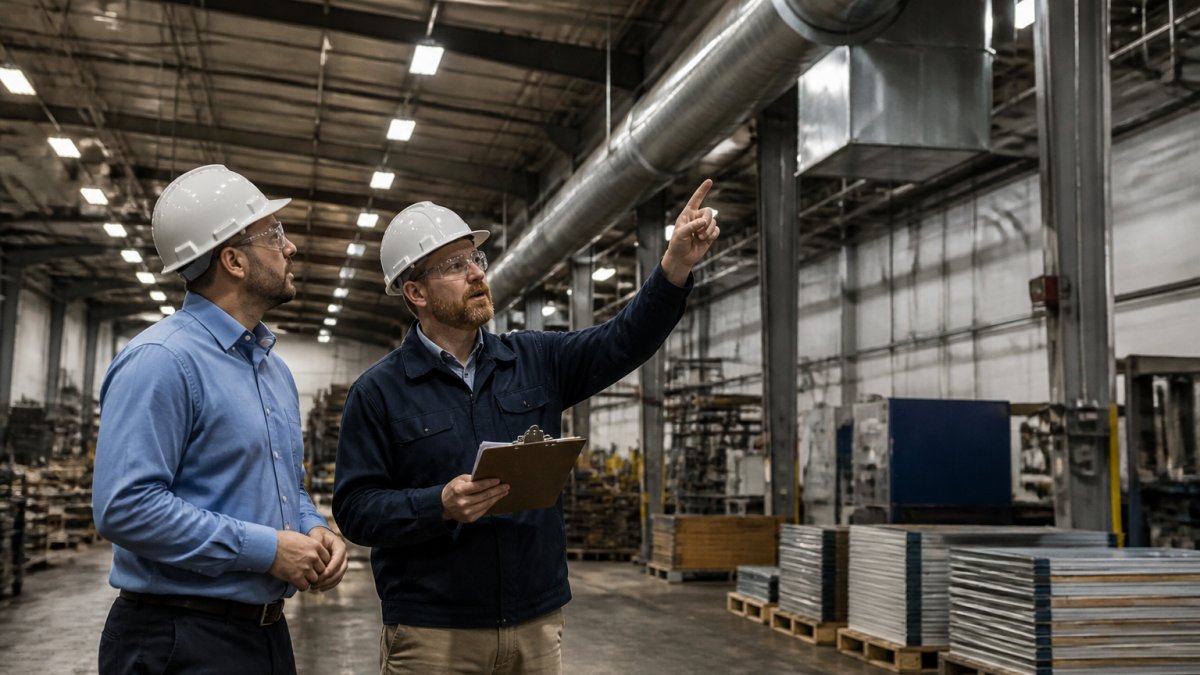 A safety manager in a hard hat walking a manufacturing floor with a clipboard, pointing out a ventilation duct to a colleague under bright overhead lights