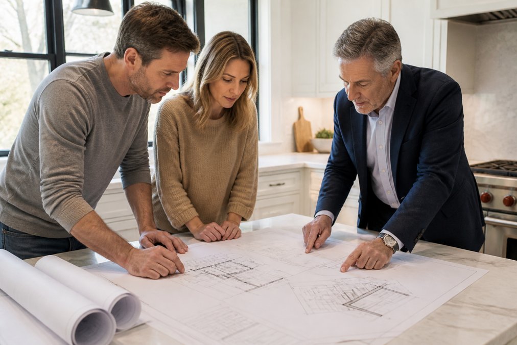 Two homeowners reviewing architectural blueprints spread across a kitchen table with an architect pointing at a wall detail, soft morning light through a window