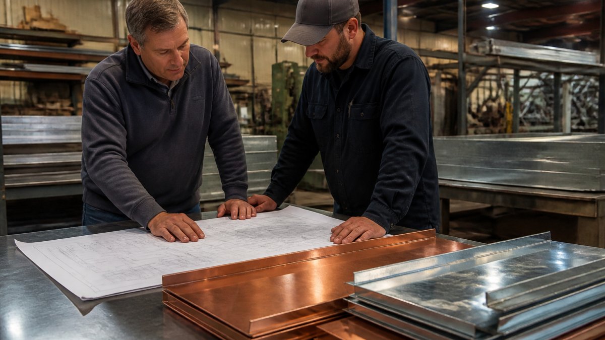A general contractor and a sheet metal fabricator leaning over architectural drawings spread on a steel workbench, with copper and zinc sample panels stacked nearby under warm shop lighting