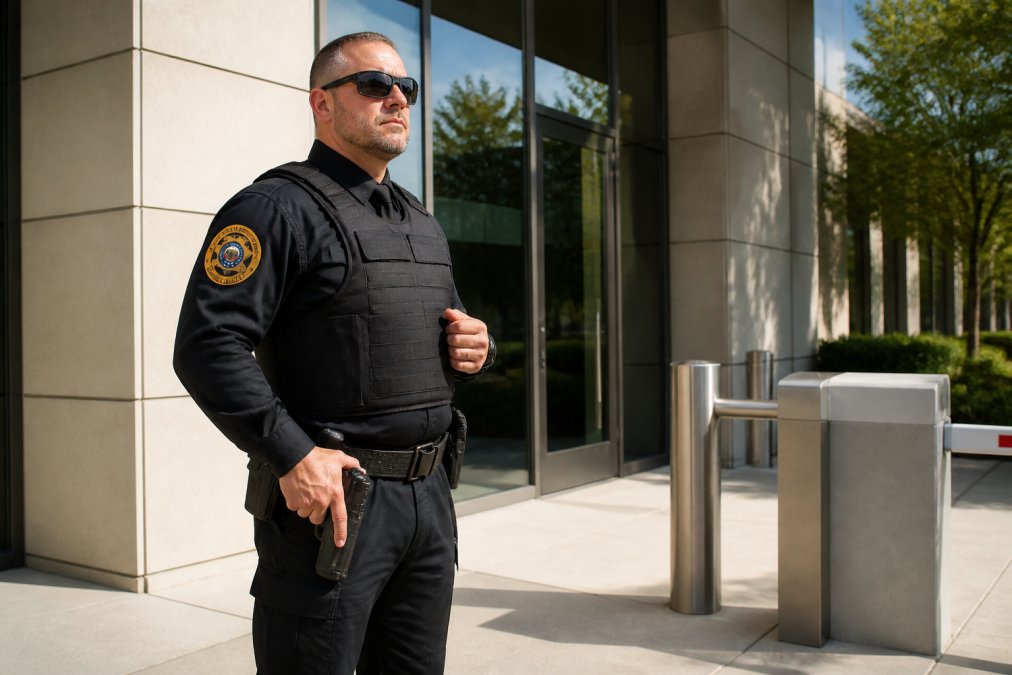 A uniformed armed security officer standing at a controlled access entrance to a commercial building, hand resting near holster, maintaining a professional and alert posture in bright daylight