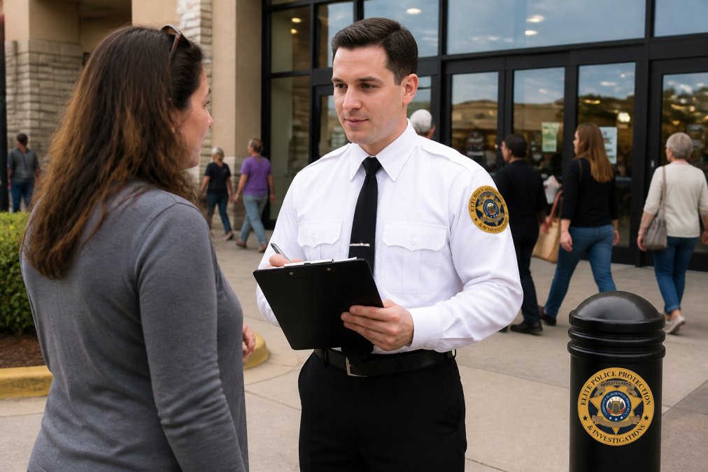 An unarmed security guard in a professional uniform monitoring a busy retail shopping center entrance, holding a clipboard and speaking calmly with a visitor in natural daylight