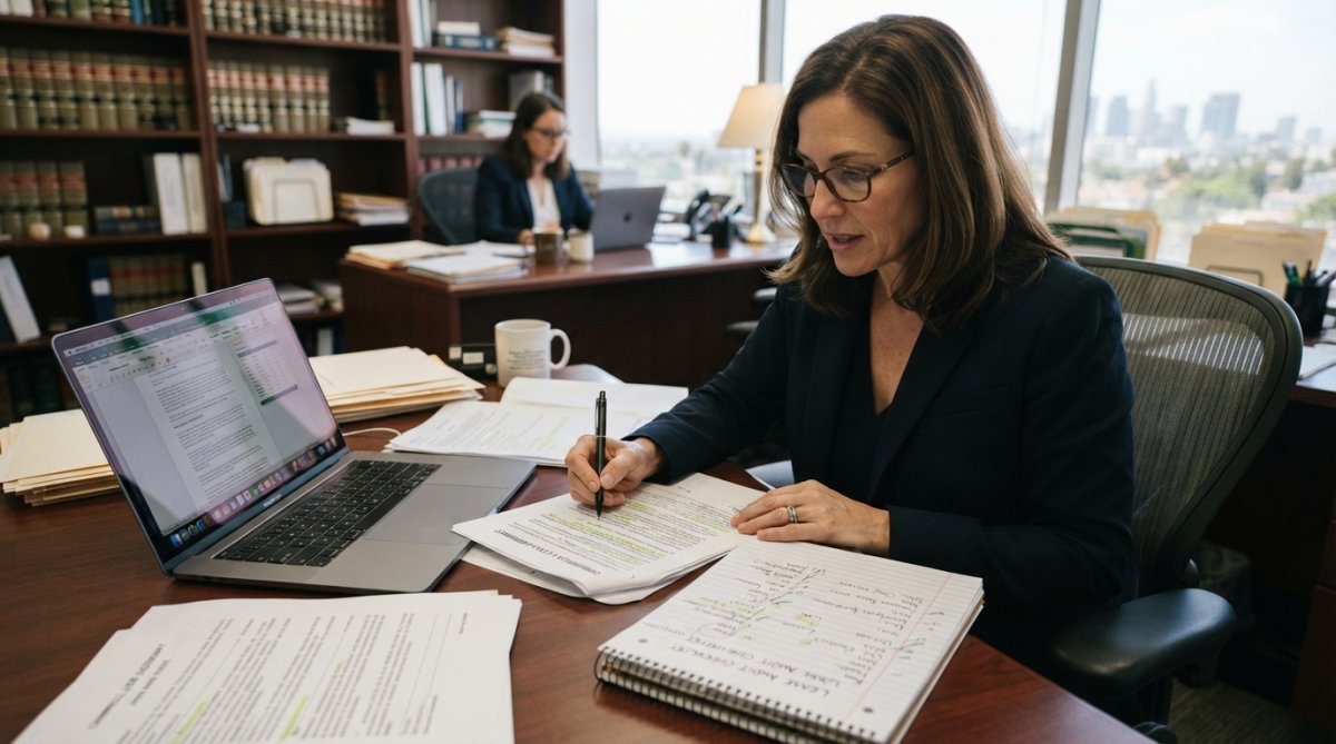 Business professional in business casual attire reviewing a commercial lease document on a desk, pointing to specific contract terms with a pen, laptop and notepad visible, natural window lighting