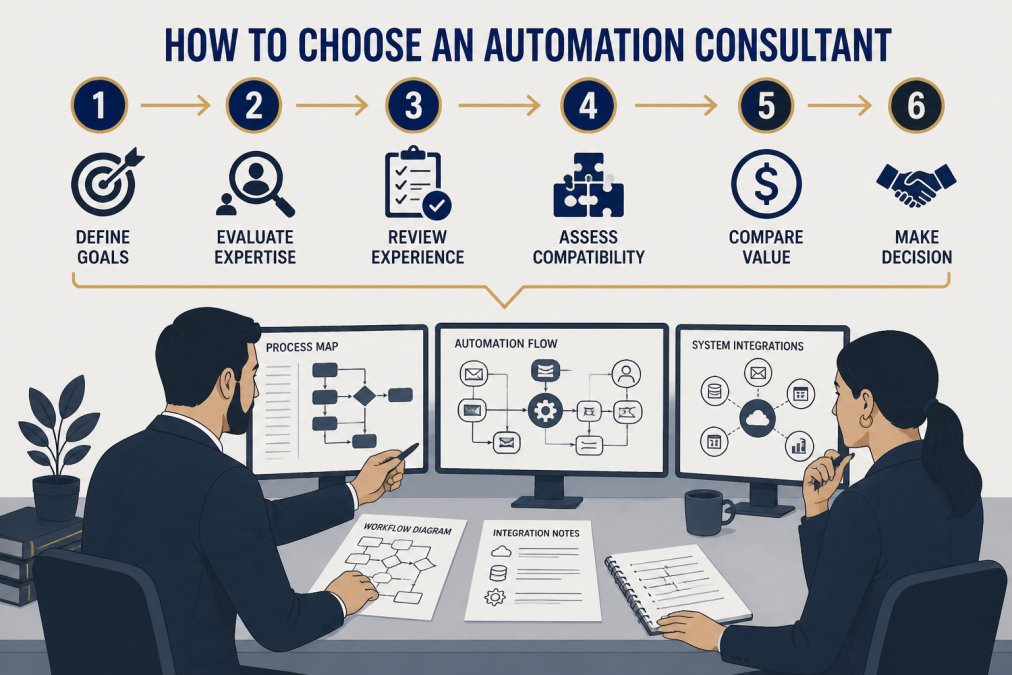Business owner and consultant reviewing workflow diagrams and system integration notes together at a desk with multiple monitors showing process maps and automation flows