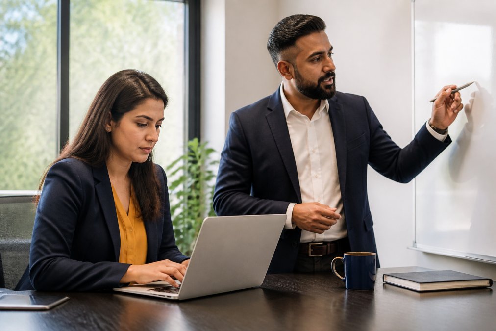Two business professionals in a modern office, one pointing at a workflow map on a whiteboard while the other types notes on a laptop, natural window light