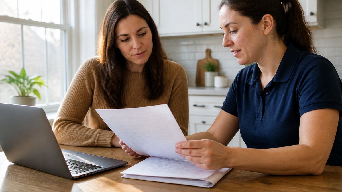 A homeowner at a kitchen table reviewing insurance documents with a cleaning company representative, laptop open showing a certificate of insurance, morning light through the window