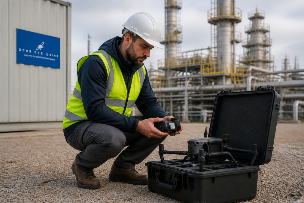 Certified drone pilots inspect a thermal imaging camera before surveying an industrial facility site.