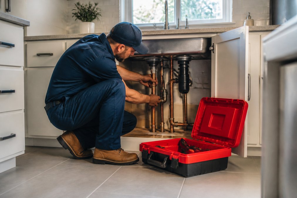 A licensed plumber in a branded uniform crouching to inspect copper pipes under a kitchen sink in a modern rental apartment, with an open red toolbox on the tile floor nearby and natural light from a window above