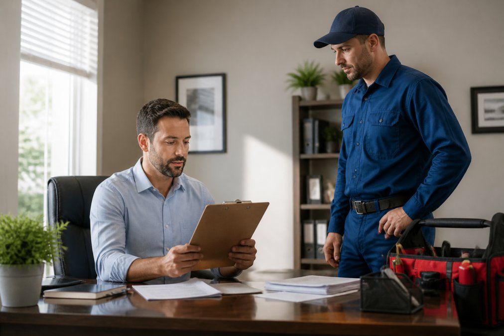 A property manager in business casual attire sitting at a well-lit office desk reviewing a clipboard checklist and printed documents, with a plumber in a clean professional work uniform standing nearby ready to discuss the job
