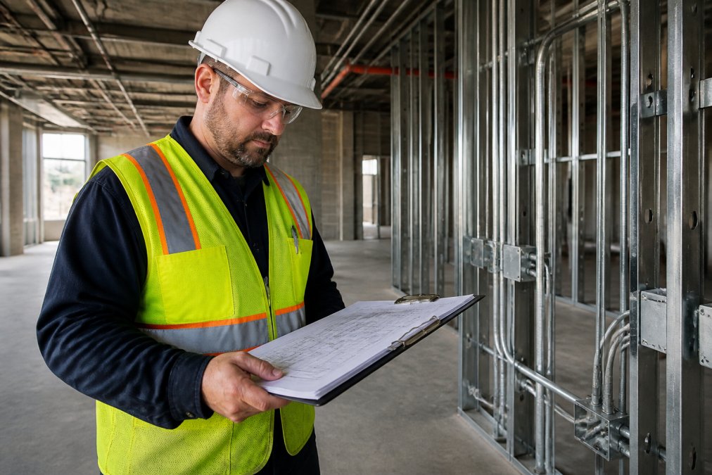 A commercial electrician in a hard hat and safety vest reviewing blueprints on a clipboard inside a commercial building under construction, with exposed conduit and wiring in the background