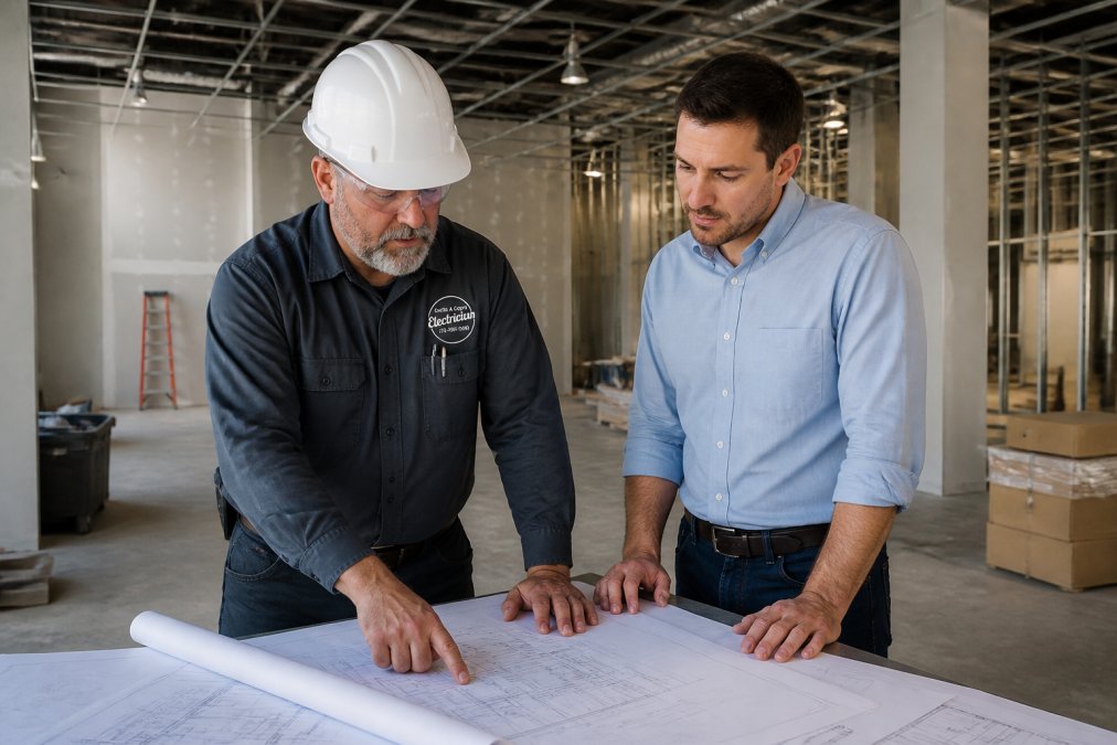 Professional electrician in work attire reviewing electrical blueprints and construction plans with a business owner at a retail construction site