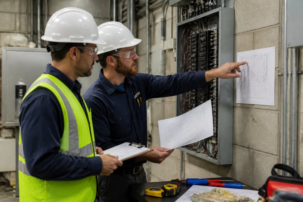 A business owner and a licensed electrician in work gear reviewing electrical blueprints and a clipboard in a commercial utility room, pointing at a panel schedule