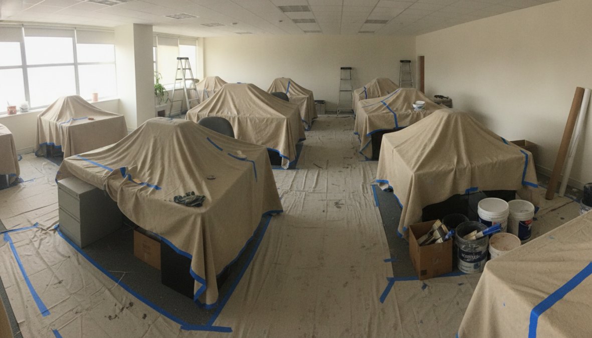 Professional painting crew in a Toronto office space carefully laying drop cloths over office furniture and applying blue painter's tape to baseboards and door frames, with overhead fluorescent lighting and large windows visible in the background