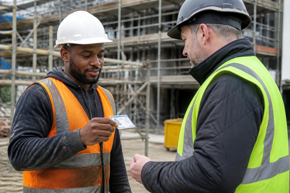 Construction worker on site showing identification documents to a supervisor in high-visibility clothing, with safety equipment and scaffolding visible in the background