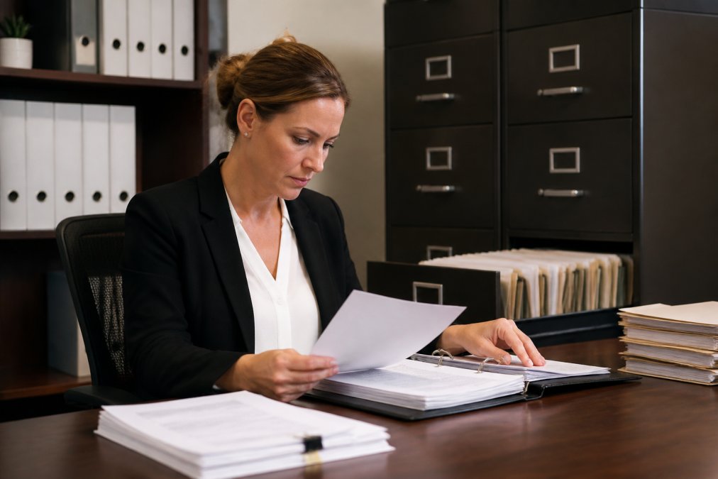 HR professional at desk reviewing employment files and compliance documentation in a modern office setting with filing systems and computer monitors visible