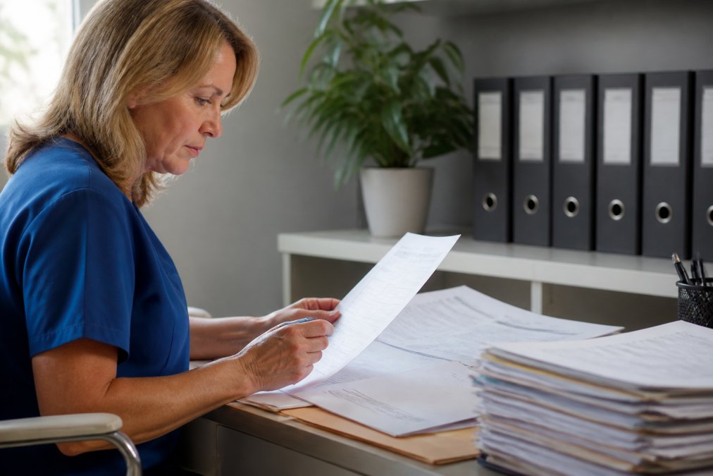 Home care agency administrator reviewing background check files for hiring consistent home care staff at a desk