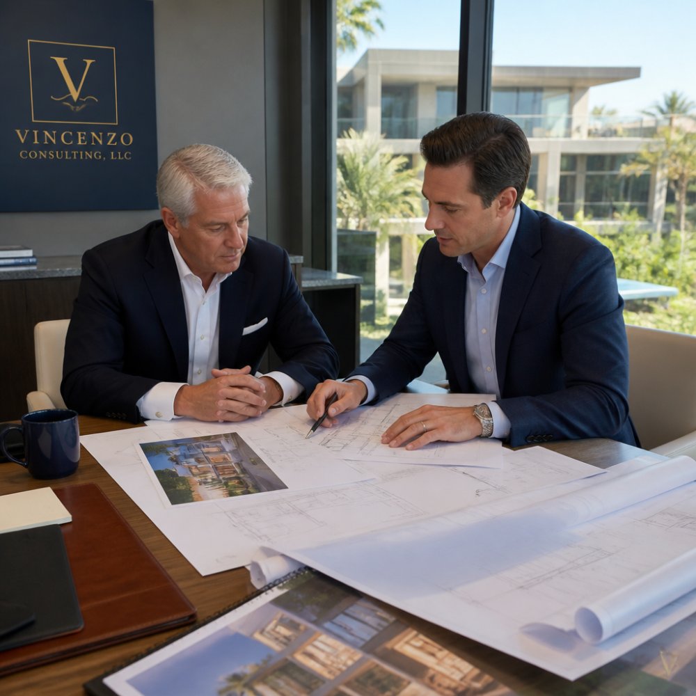 A family office principal and a construction consultant seated across a conference table, reviewing project documents and an open laptop, architectural blueprints spread nearby in a bright professional office