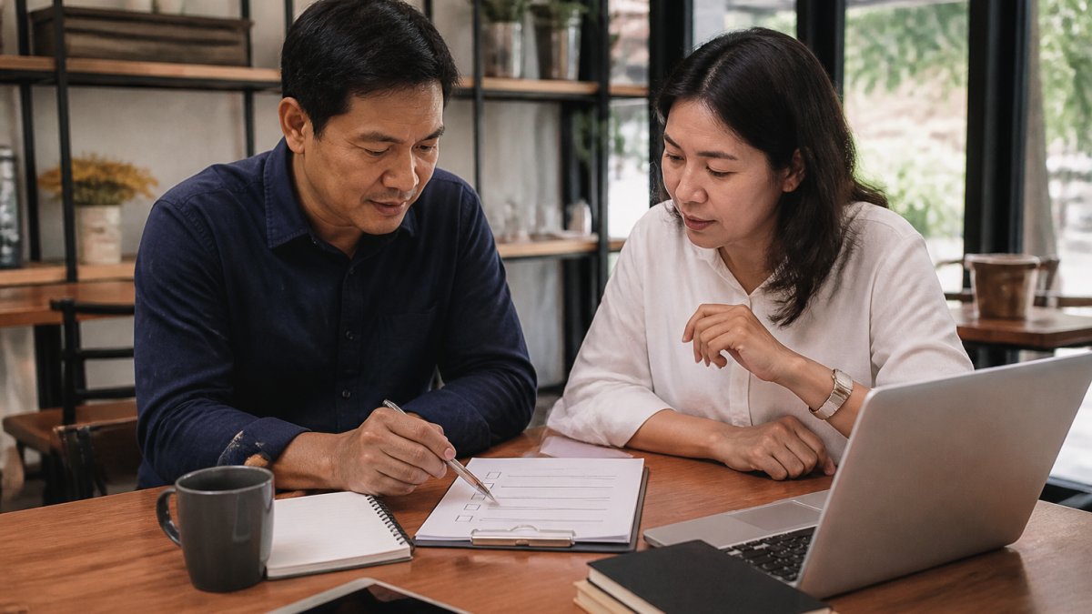 A small business owner and an advisor reviewing a printed checklist and laptop across a table in a modest office, with notes and coffee nearby