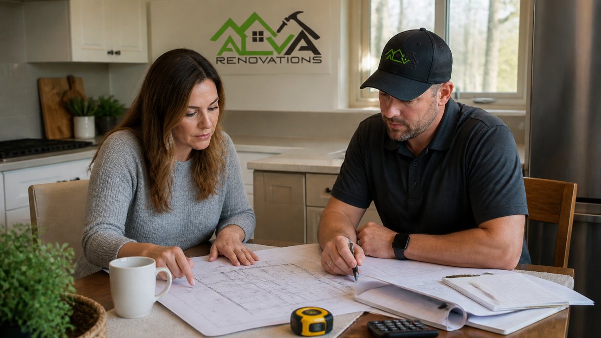 Homeowner and contractor reviewing project plans and blueprints together at a kitchen table with natural lighting, discussing renovation details over notes and measurements