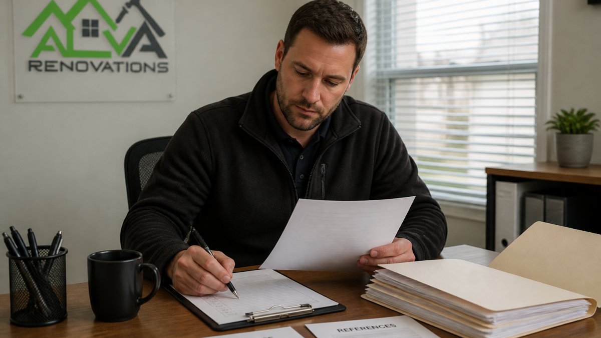 Property manager reviewing contractor credentials and insurance documents at desk with laptop, checklist, and file folder open