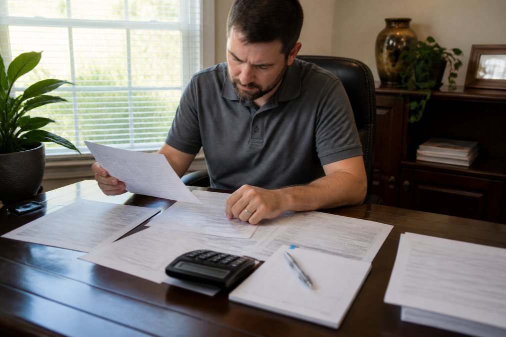 Landlord sitting at desk reviewing multiple contractor bid documents spread out with calculator, notepad, and pen, natural office lighting from window