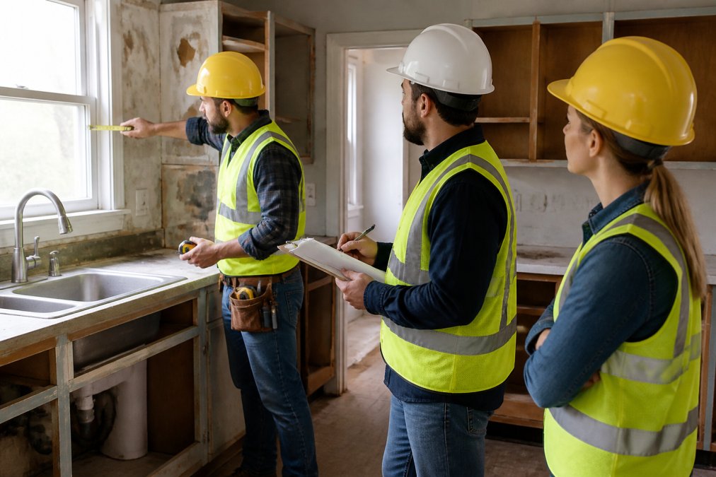 Licensed contractor team in safety gear conducting interior inspection of rental unit kitchen, measuring walls and discussing renovation scope with clipboard and laser measuring tool