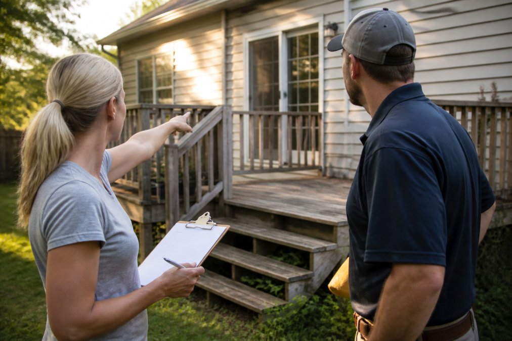 A homeowner standing in a backyard with a contractor, pointing at a wooden deck in need of repair while holding a checklist on a clipboard in the late afternoon light