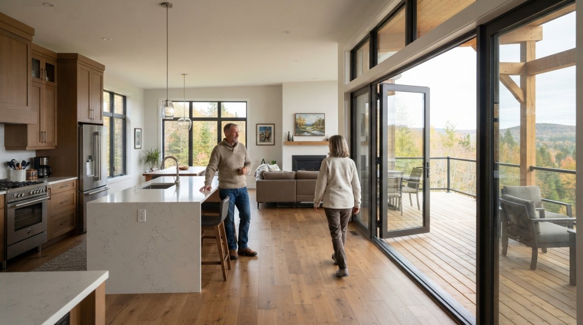 Bright, spacious master suite with large windows overlooking landscape, modern ensuite bathroom visible through open doorway, and premium finishes throughout