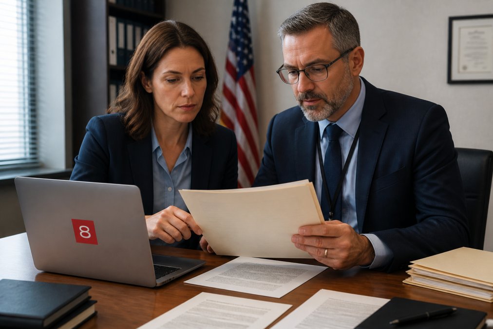 A compliance officer and HR specialist reviewing a candidate's security clearance file in a secure office, with a laptop and printed documents on the desk