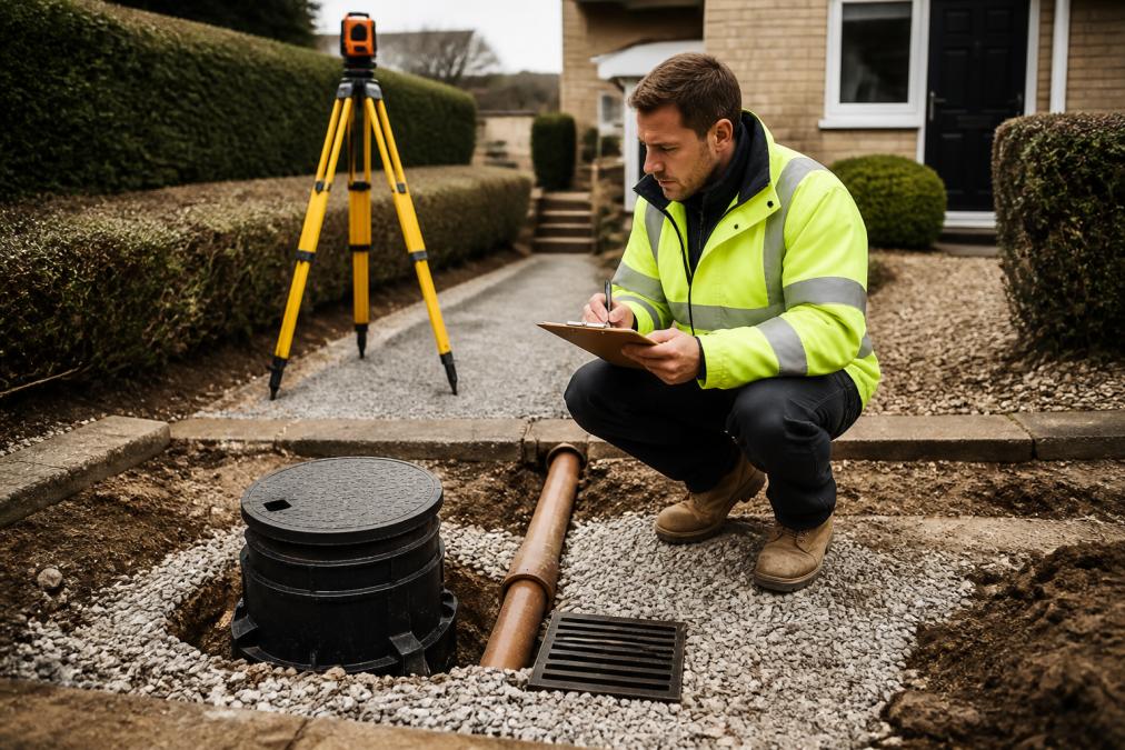 Professional drainage consultant conducting site survey with surveying equipment and clipboard, examining ground conditions and topographical features on a residential property with visible drainage infrastructure