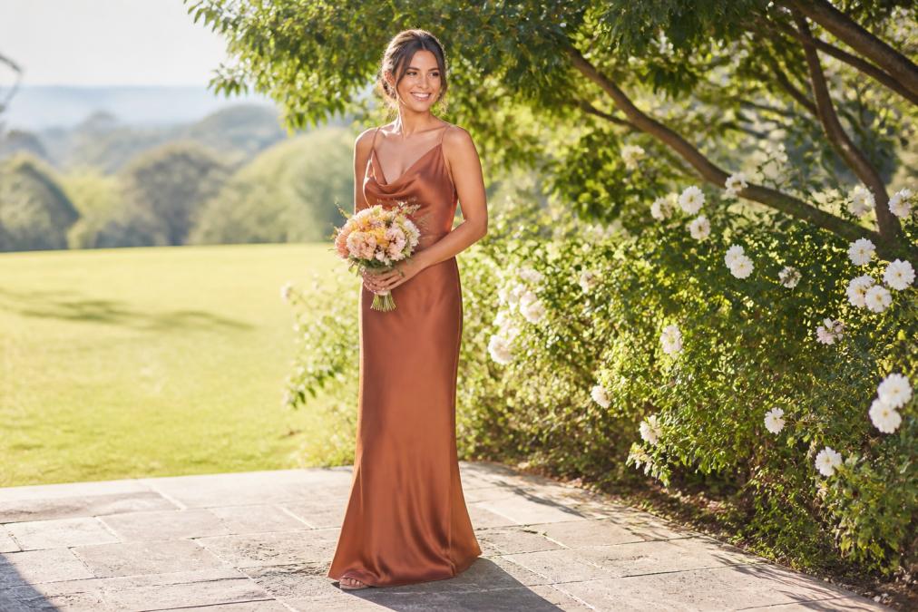 A young woman in an elegant bias-cut maxi dress standing in a sunlit garden, holding a small bouquet, smiling confidently
