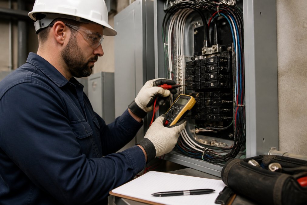 Electrician using a voltage meter to perform commercial maintenance on a building electrical panel