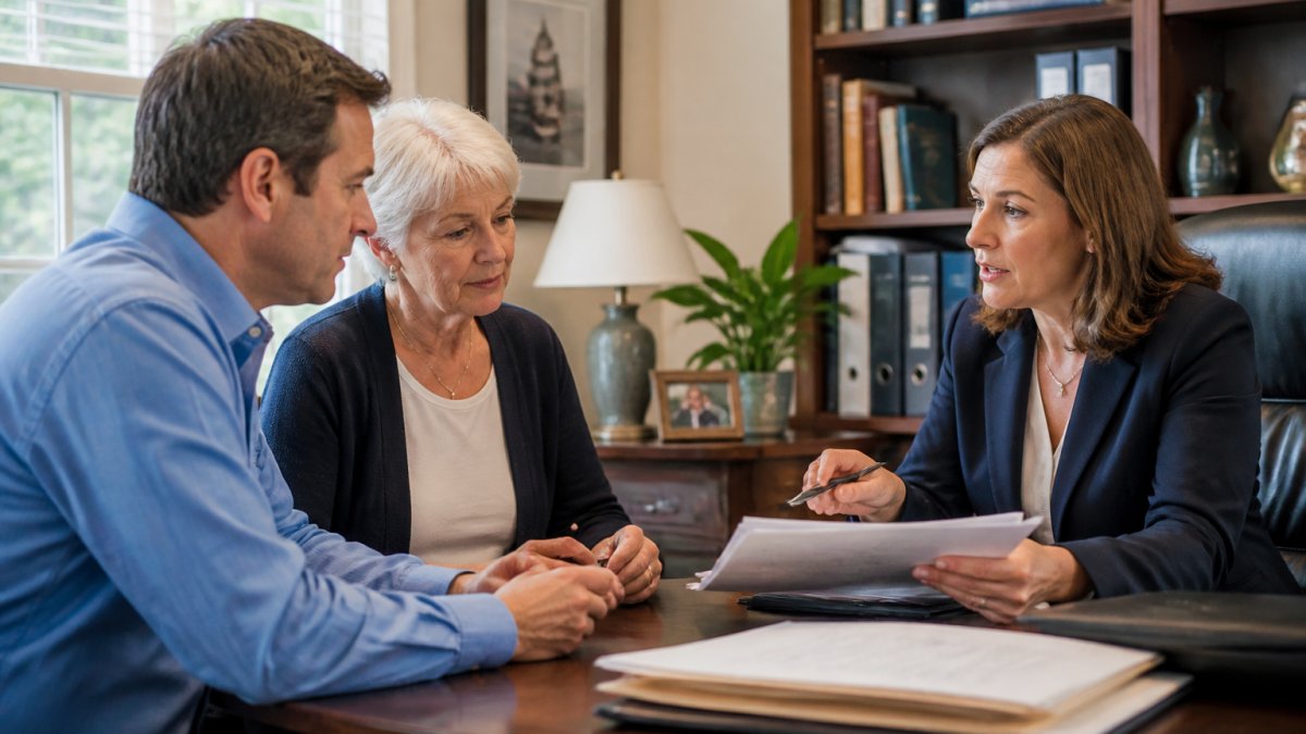 Adult child and elderly parent meeting with a professional service coordinator in a home office, reviewing documents and discussing estate cleanout plans with natural lighting