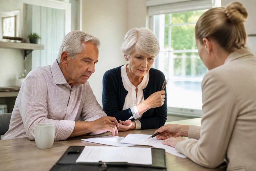 Professional advisor and adult children sitting at desk reviewing estate documents and discussing options in calm, reassuring office setting with natural lighting