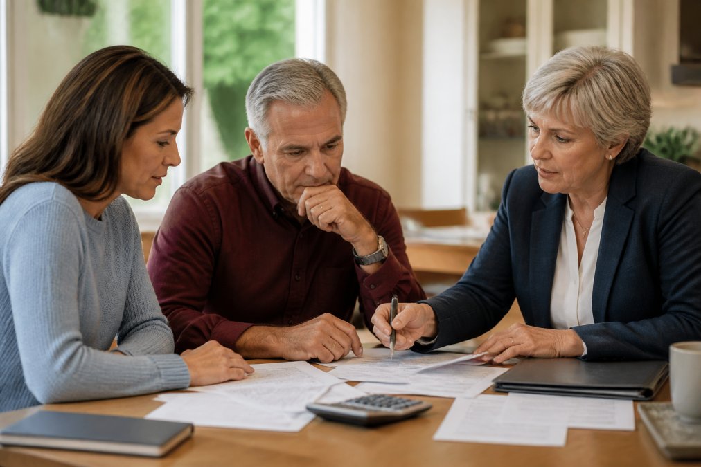 Adult children and professional advisor gathered around table with estate paperwork, notes, and calculator, having collaborative discussion with warm office lighting