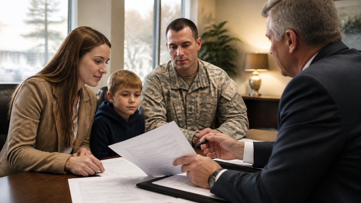 Military family meeting with real estate agent in professional office setting, reviewing property documents and discussing relocation timeline, natural office lighting
