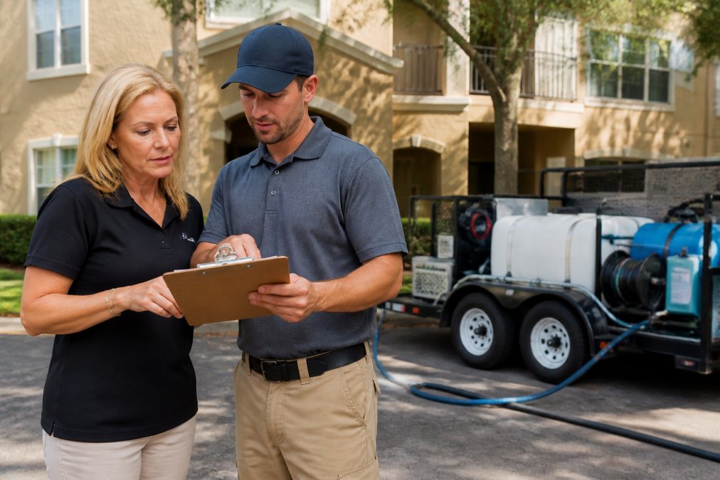HOA board member and contractor reviewing a maintenance checklist for HOA compliance in front of a stucco building