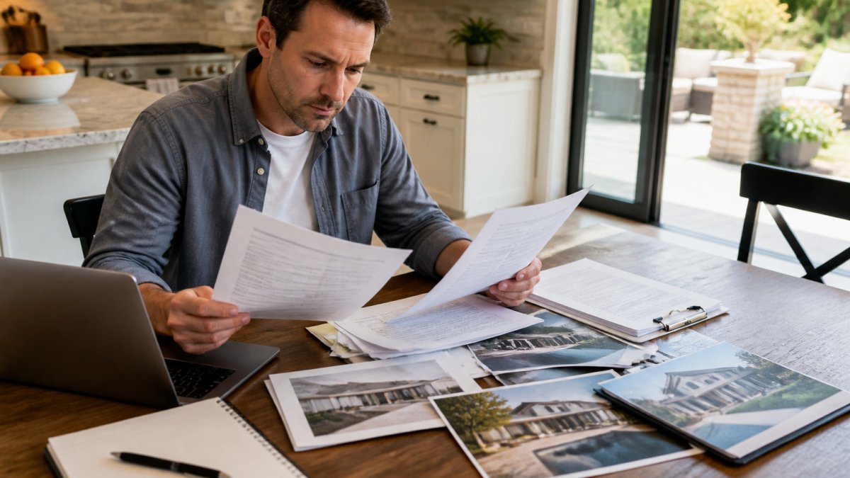 Homeowner reviewing contractor credentials, insurance documents, and project portfolio at kitchen table with laptop and paperwork spread out in natural daylight