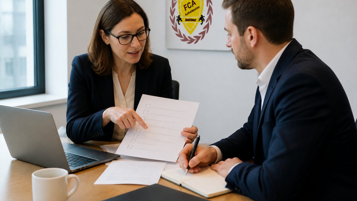 Two compliance professionals in a bright meeting room comparing printed documents and a laptop screen, one pointing at a checklist while the other takes notes