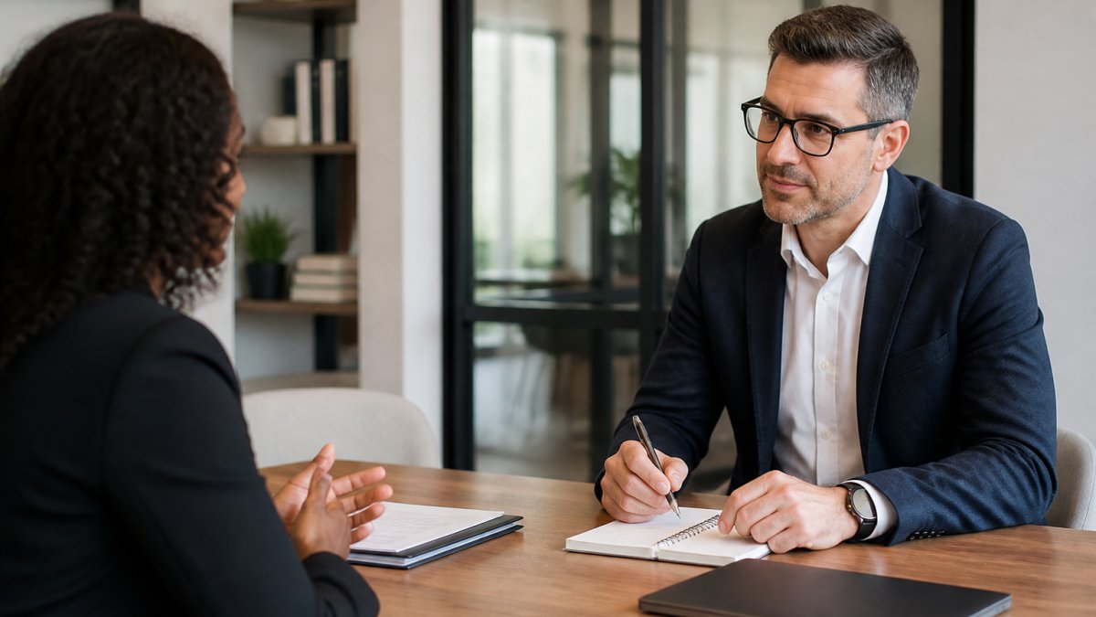 Hiring manager interviewing a candidate for a fractional support leadership role using a structured process chart